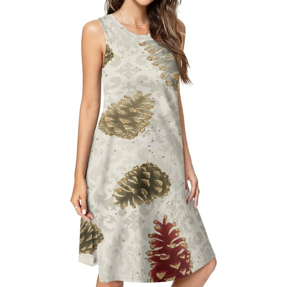 Christmas Pine Cone Spring Summer Dresses for Women Fashion T-shirt Dress Casual Sleeveless Loose Sundress with Pockets