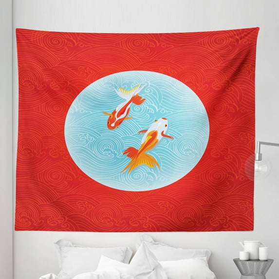 Goldfish Tapestry, Pair of Goldfishes over Inverted Japanese Flag in Waves Print, Fabric Wall Hanging Decor for Bedroom Living Room Dorm, 5 Sizes, Vermilion Pale Blue, by Ambesonne