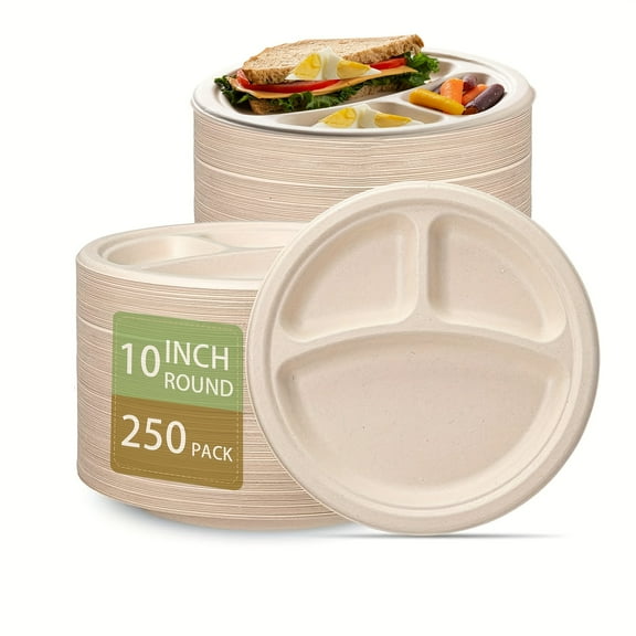 250 Pack 10 Inch Plates Disposable Heavy Duty, 100% Paper Plates, 3 Compartment, Made Of Natural Sugarcane Fibers, Brown, Christmas, Thanksgiving, Birthday Parties And Other Family Gatherings