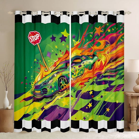Erosebridal Vintage Green Racing Car Black Out Curtains For Boys,Cartoon Orange Flames Curtains Pack of 2 (42x63 Each) For Kids Teens,Breathable Home Decor