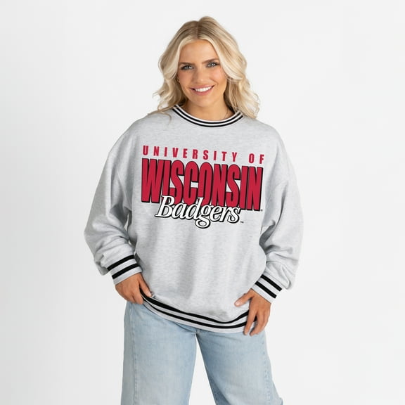 Women's Gameday Couture Gray Wisconsin Badgers Oversized Showdown Ringer Stripe Sweatshirt