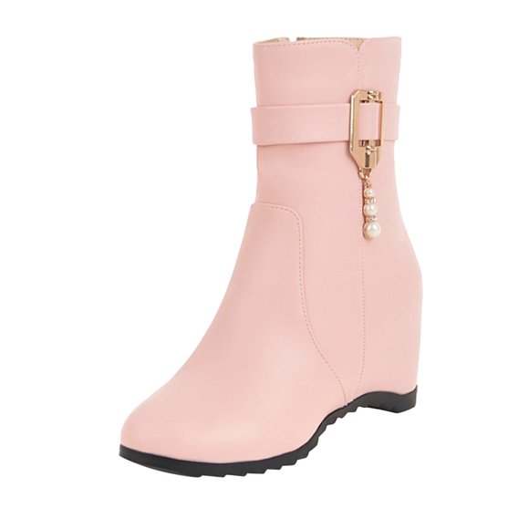 WEAIXIMIUNG Flat Ankle Boots for Women No Heel Memory Foam Ladies Solid Color Leather Face Pearl Belt Buckle Zipper Fashion Inner Booties