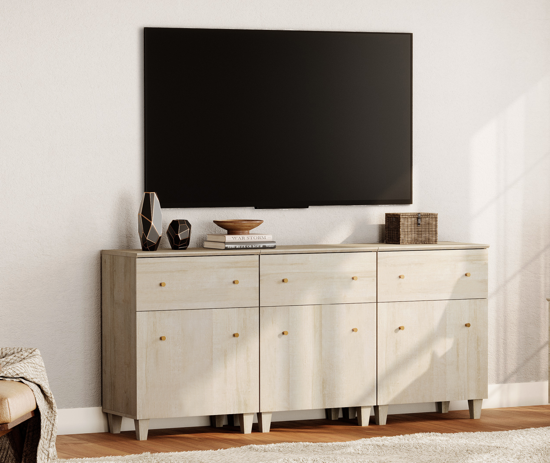 WAMPAT TV Stand Cabinets for 75+ Inch Flat Screen, 3-in-1 Modern Highboy Wooden Entertainment Center with 3 Drawers and Shelves, Light Oak