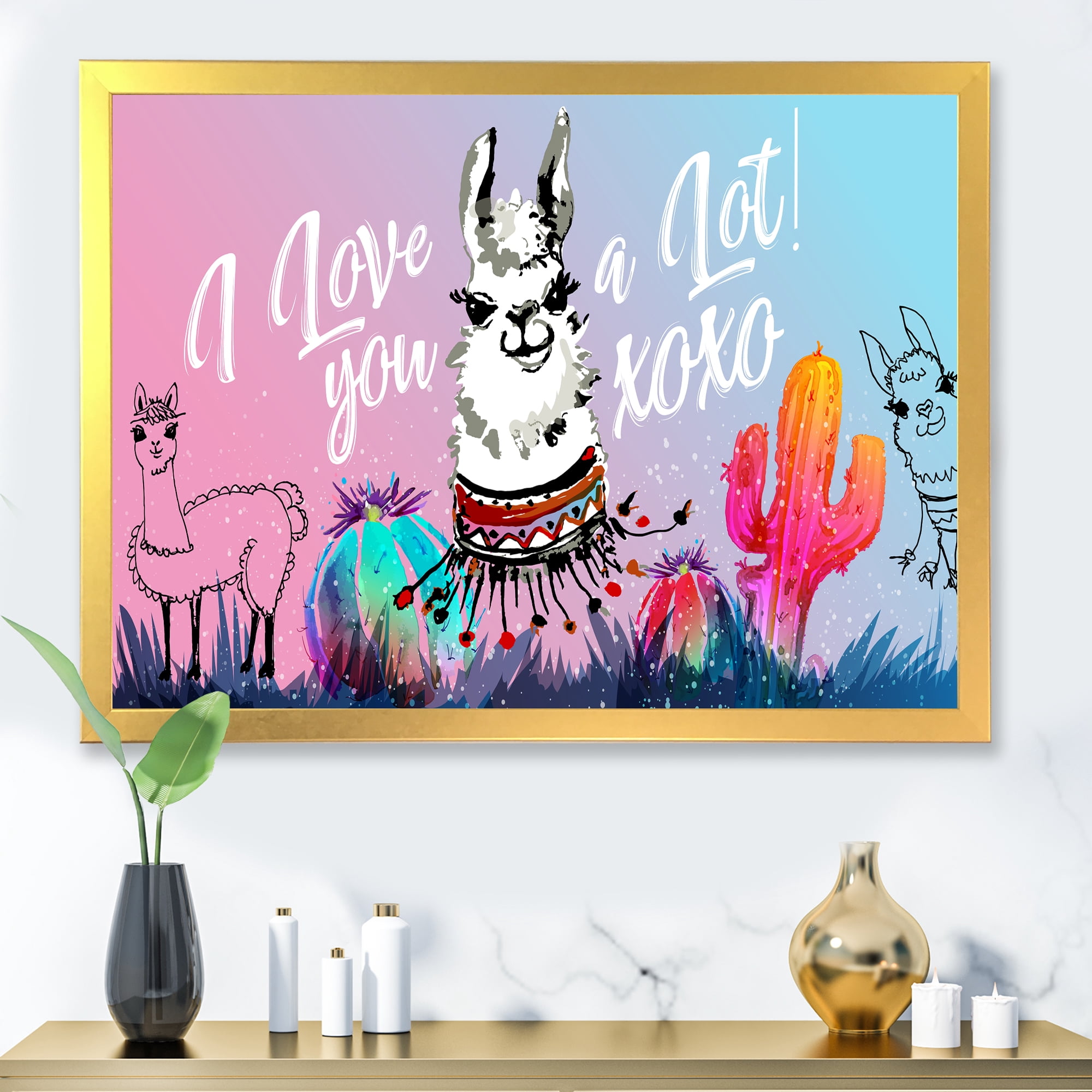 Designart 'I Love You A Lot Llama Alpaca Cartoon Portrait' Children's Art Framed Art Print