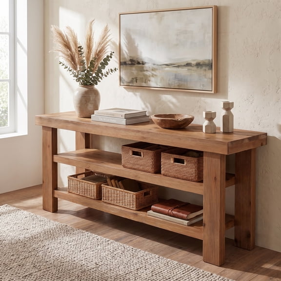 Fnova 63 Inch Solid Wood TV Stand with 3-Tier Open Shelves, Media Console for TVs up to 65 Inch, Farmhouse Entertainment Center with Thick Solid Wood Legs for Living Room