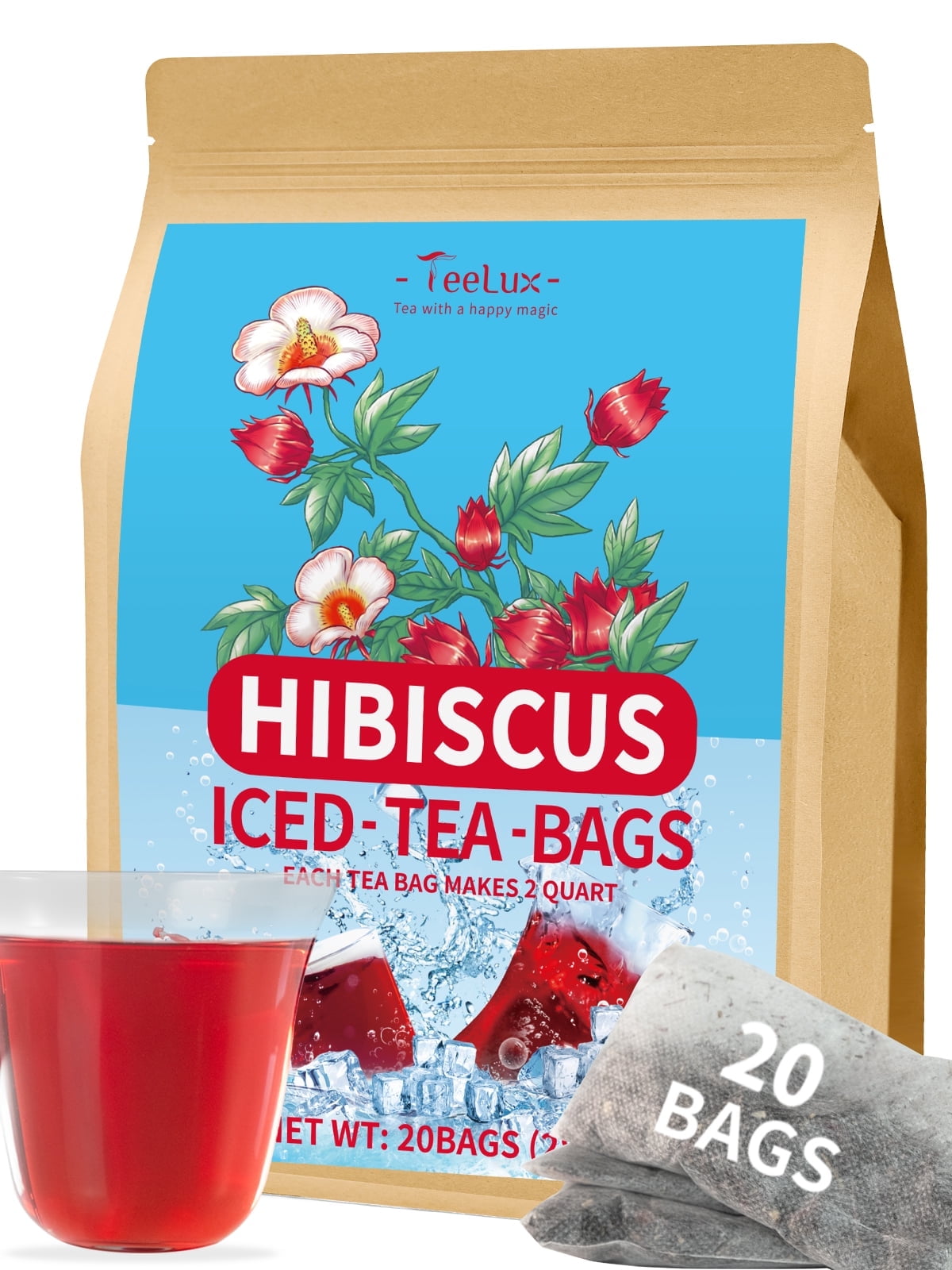 TeeLux Hibiscus Iced Tea Bags, 14g/bag, Family Sized, Refreshing Tart Flavor, Caffeine Free, 20 Count