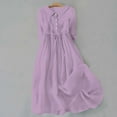 thumbnail image 2 of Luxalzxs 3/4 Sleeve Dress for Women Cotton Linen Vintage Solid Color Peter Pan Collar Flowy Beach Dress Button Down Lace Up Pleated Boho Midi Dress Summer Casual Sundress, 2 of 5