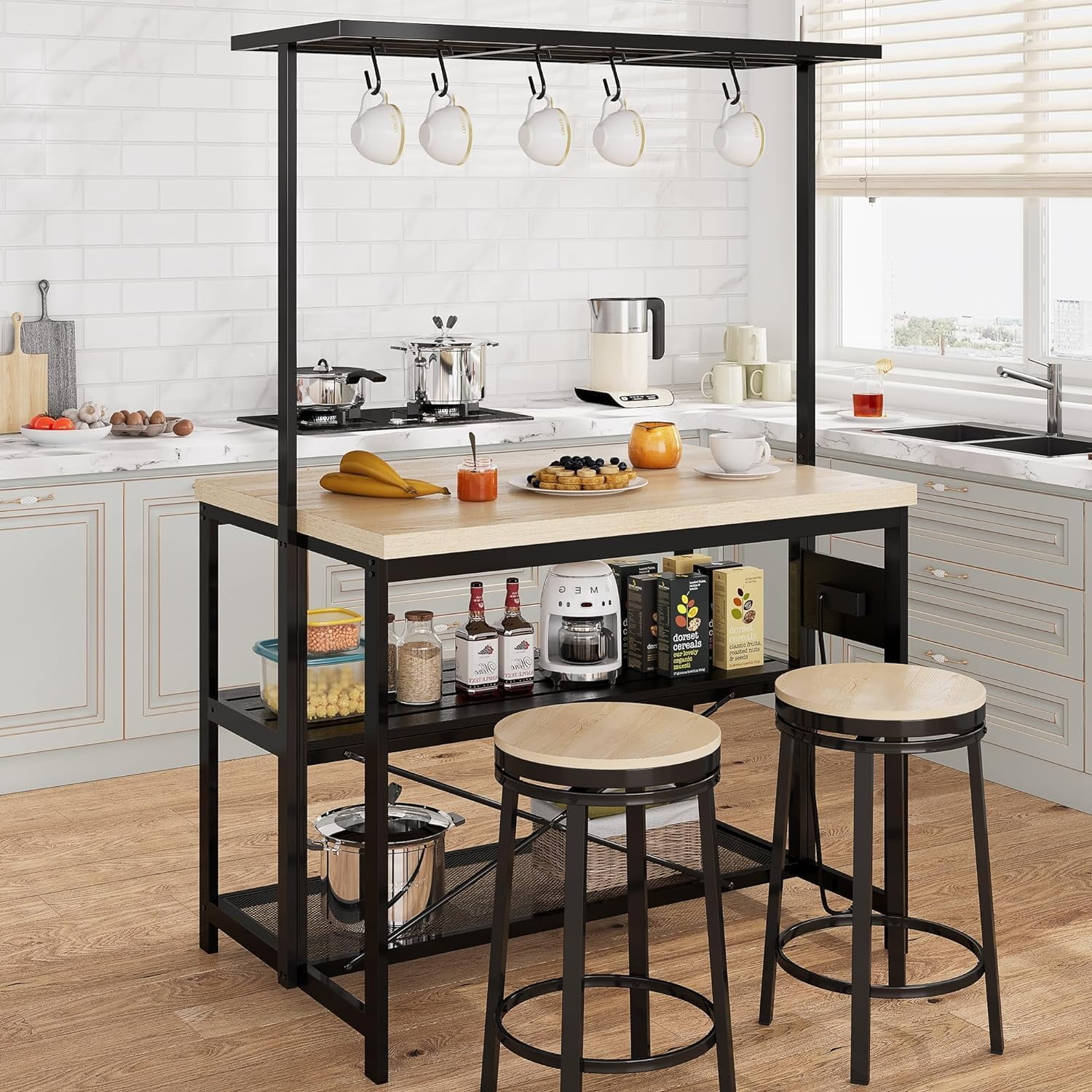 EastVita 47" Versatile Kitchen Island with Storage,Wood & Steel,Microwave Shelf,3-Tier Open Shelves,5 Hooks,Coffee Bar Convertible
