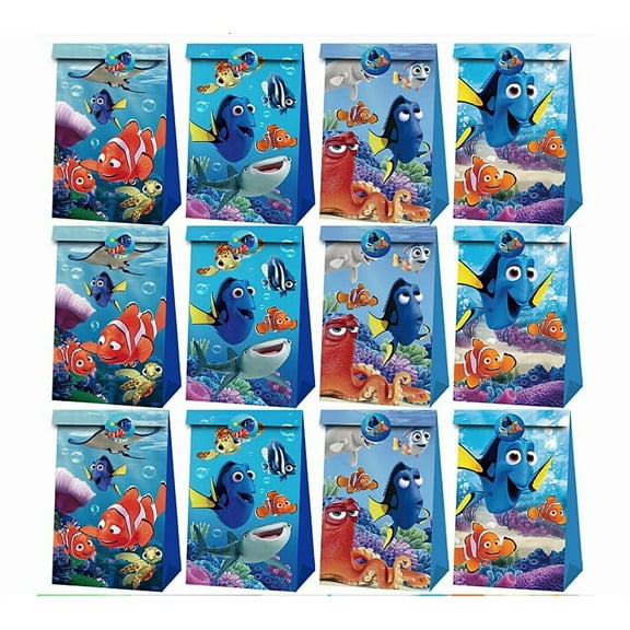 24 PCS Finding Nemo Party Favor Candy Bags for Alice in Wonderland Themed Birthday Supplies Decor,Kids Birthday Game Party Kraft Paper Goodie Gift Bag Decorations