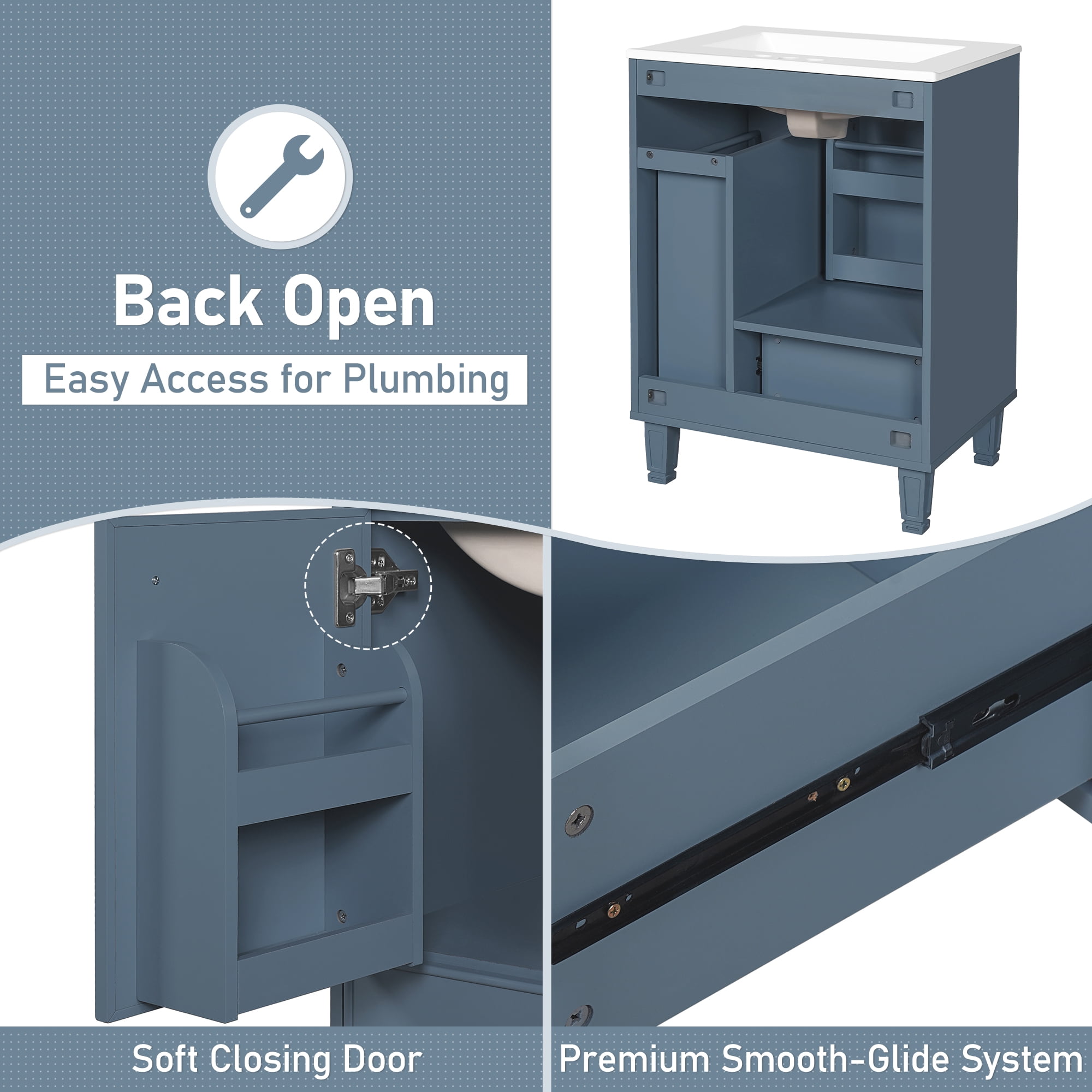 24" Bathroom Vanity with Sink, Modern Bathroom Cabinet with Deep Drawer, 2-Tier Pull-Out Basket, Soft-Close Door, Solid Wood Frame, for Small Bathroom, Powder Room, Grey