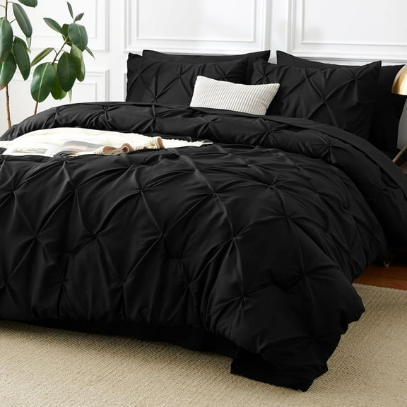 Queen Comforter Set 7 Pieces Bed in A Bag Black Premium Comforters Queen Size Bed Set Pintuck Pinch Pleat Complete Bedding Sets with Comforter Flat Sheet Fitted Sheet and Pillowcases & Shams