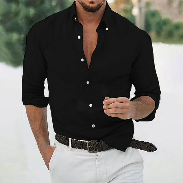 pstuiky mangas largas para hombre, Camisa de lino de manga larga con botones y botones de color liso para hombre salir tops m