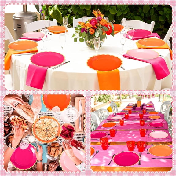 YUYAN-60 Pcs Pink and Orange Paper Party Plates 9 Inch Scalloped Disposable Dessert Plates for Coquette Bridal Pink Bow Gender Reveal Wedding Birthday Baby Shower Party Supplies