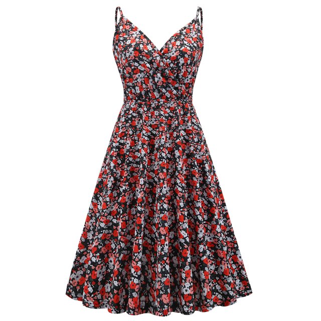 HKEJIAOI Robes Décontractées Soldes Liquidation Robe Fleurie pour Femmes Rétro Femmes Été Décontractée Imprimé Floral Sans Manches Mode Col en V Robe de Soirée Rouge