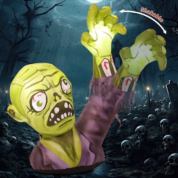 GOOSH Halloween Inflatable 5.2 FT Zombie Inflatable Shaking Hands, Zombie Inflatable Halloween Decorations Scary Halloween Blow Ups with LED Lights, Halloween Inflatables Clearance for Holiday/Party