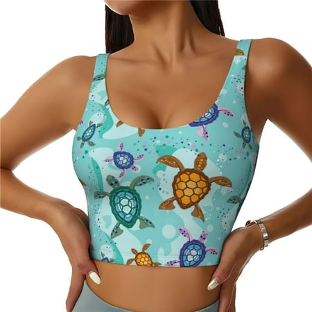Qokaie Turtles And Sea Pattern Womens Scoop Neck Sports Bra Breathable Workout Vest Padded U Back Medium Impact Fitness Gym Yoga Bra Workout Crop Top-Medium