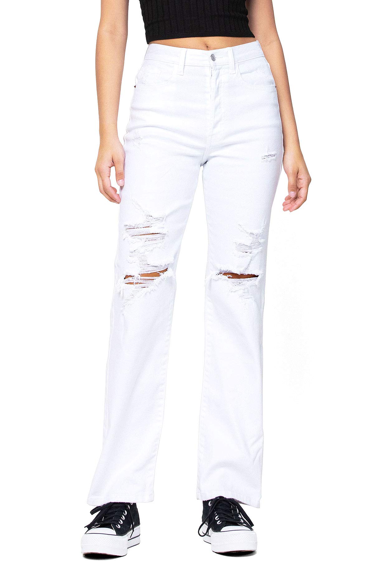 Cello Jeans Women's Juniors High Rise Straight Leg Distressed Dad Jeans (White, 3) - image 4 of 4