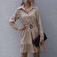 thumbnail image 2 of Casual Button Down Shirtdress Lapel Long Sleeve Tie Waist Ruffled Mini Shirt Dress for Office Khaki L, 2 of 6