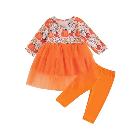 Bagilaanoe 2Pcs Toddler Baby Girl Halloween Outfits Pumpkin Print Long Sleeve A-Line Dress Tops   Leggings 6M 12M 18M 24M 3T Kids Fall Long Pants Set