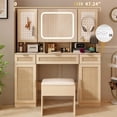 thumbnail image 3 of Tcbosik Vanity Desk with LED Lighted Mirror, Modern Makeup Vanity Table Set with Cushioned Stool and 3 Storage Drawers for Bedroom, Dressing Table with Pegboards & Hooks, Shelves & Cabinets, Natural, 3 of 8