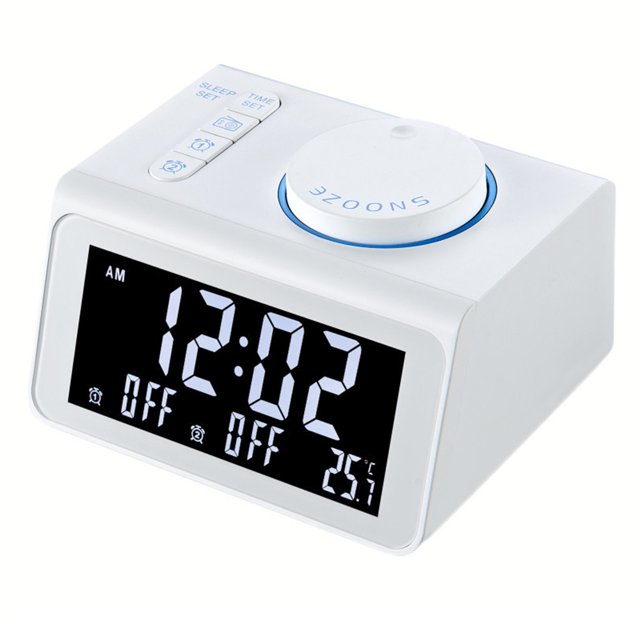 Reloj digital con radio y temperatura, reloj electrónico, luz nocturna silenciosa, pantalla grande, reloj de cabecera, reloj despertador dual