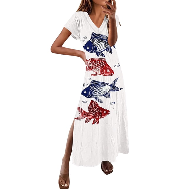 Daiosportswear Robes Maxi Florales d'Été pour Femmes Col en V Smocké Boho Robe d'Été, Robe Longue Fluide de Plage Vacances, Robe à Manches Courtes pour Femmes Rouge-G S