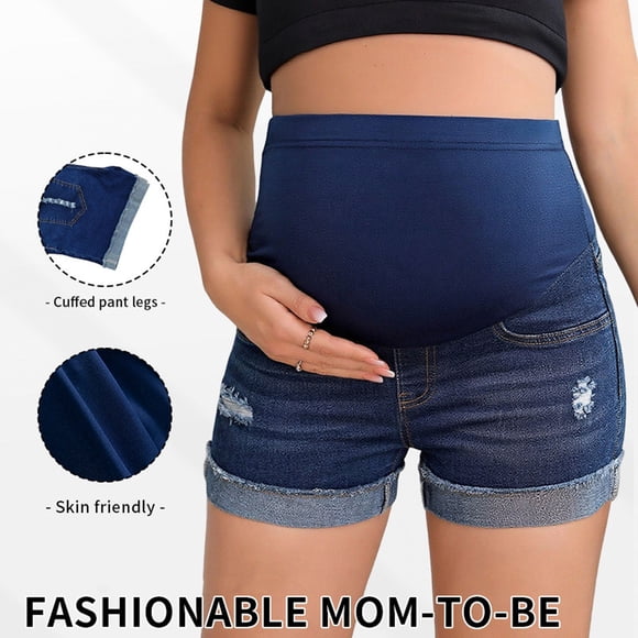 TaTaai Women's Maternity Denim Shorts High Waist Belly Support Adjustable Ripped Jean Shorts Summer Athletic Butt Lifting Stretchy Pregnant Women Casual Soft Gift