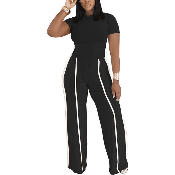 Women's Two Piece Outfit Slim Fit Top Wide Leg Pants Striped Tracksuit Loungewear Casual Outfit Set Black L