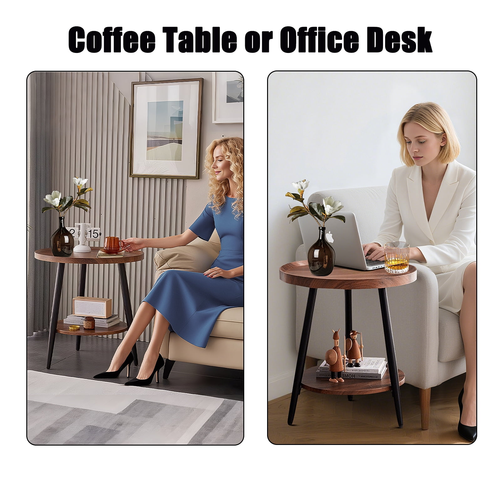 HDUTNGISN 2-Tier Round Brown Wood Side Table with Metal Frames,Small End Table for Living Room