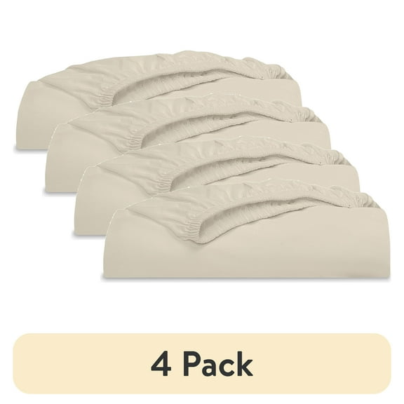 (4 pack) Mainstays 300 Thread Count Easy Care Percale Fitted Sheet, Papyrus Beige, Queen