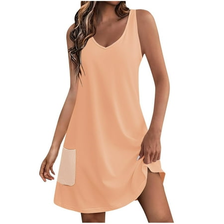 Usdian Graduation Dress V-Neck Sleeveless Tank Dresse Tank Dresse Lightweight Plus Size Summer Dresses Stylish Solid for Beach Yellow L Clearance Items
