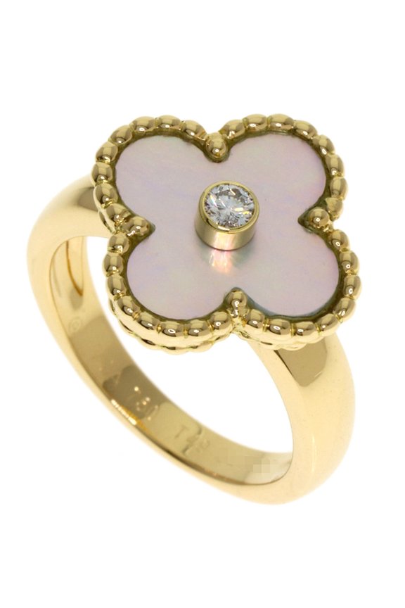 Pre-Owned Van Cleef & Arpels Vintage Alhambra Shell Diamond Ring #49 18K Yellow Gold Women's