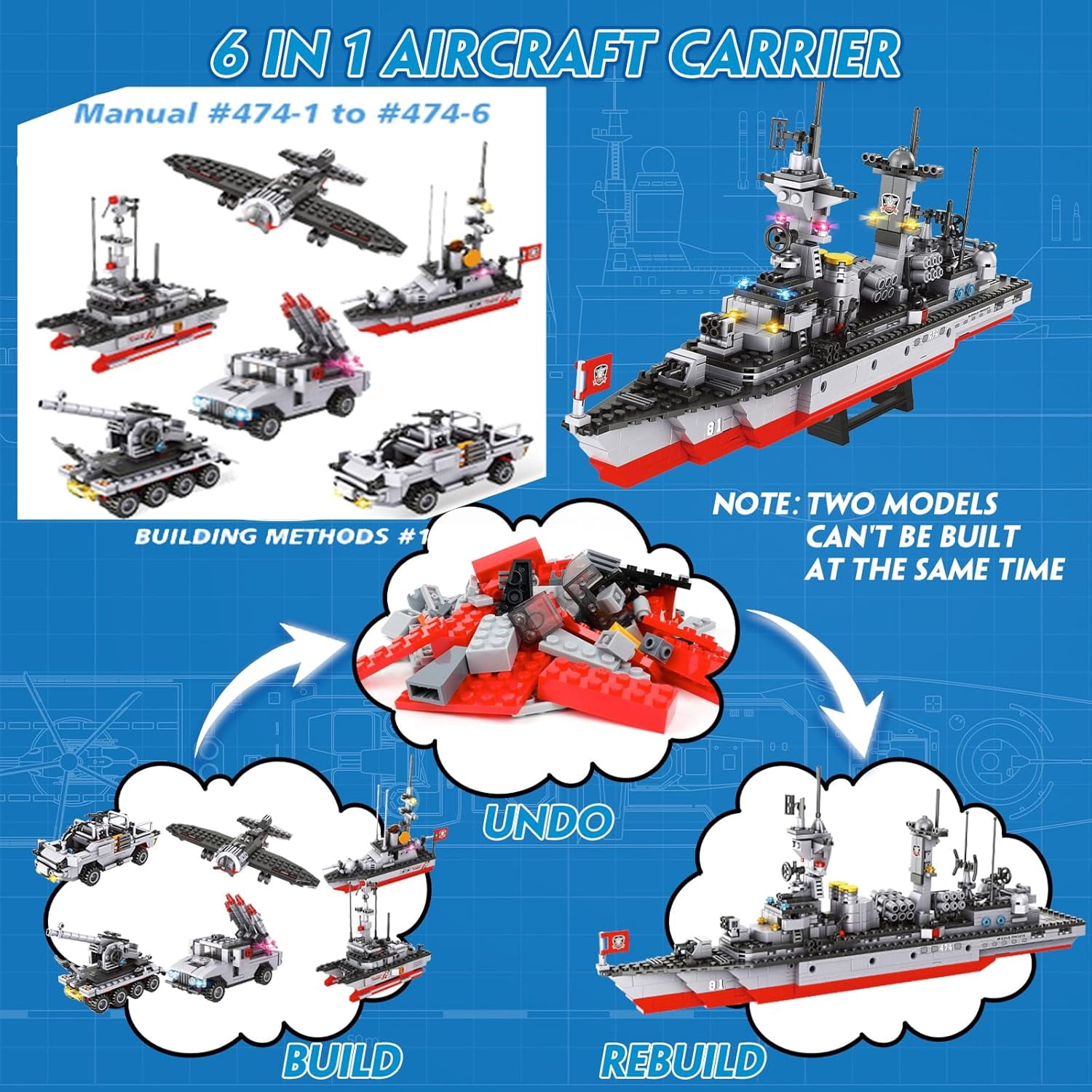 EP EXERCISE N PLAY Aircraft Carrier Building Toys Set Military 1296-Piece STEM Toy
