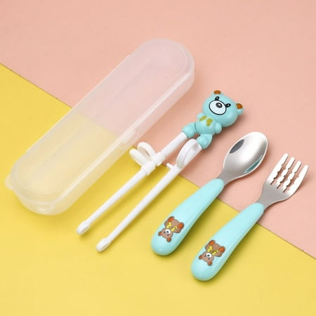 

Cartoon Portable Food Eat Training Reusable Spoon Fork Chopsticks Set Dinnerware Children Tableware Set Learning Chopsticks GREEN