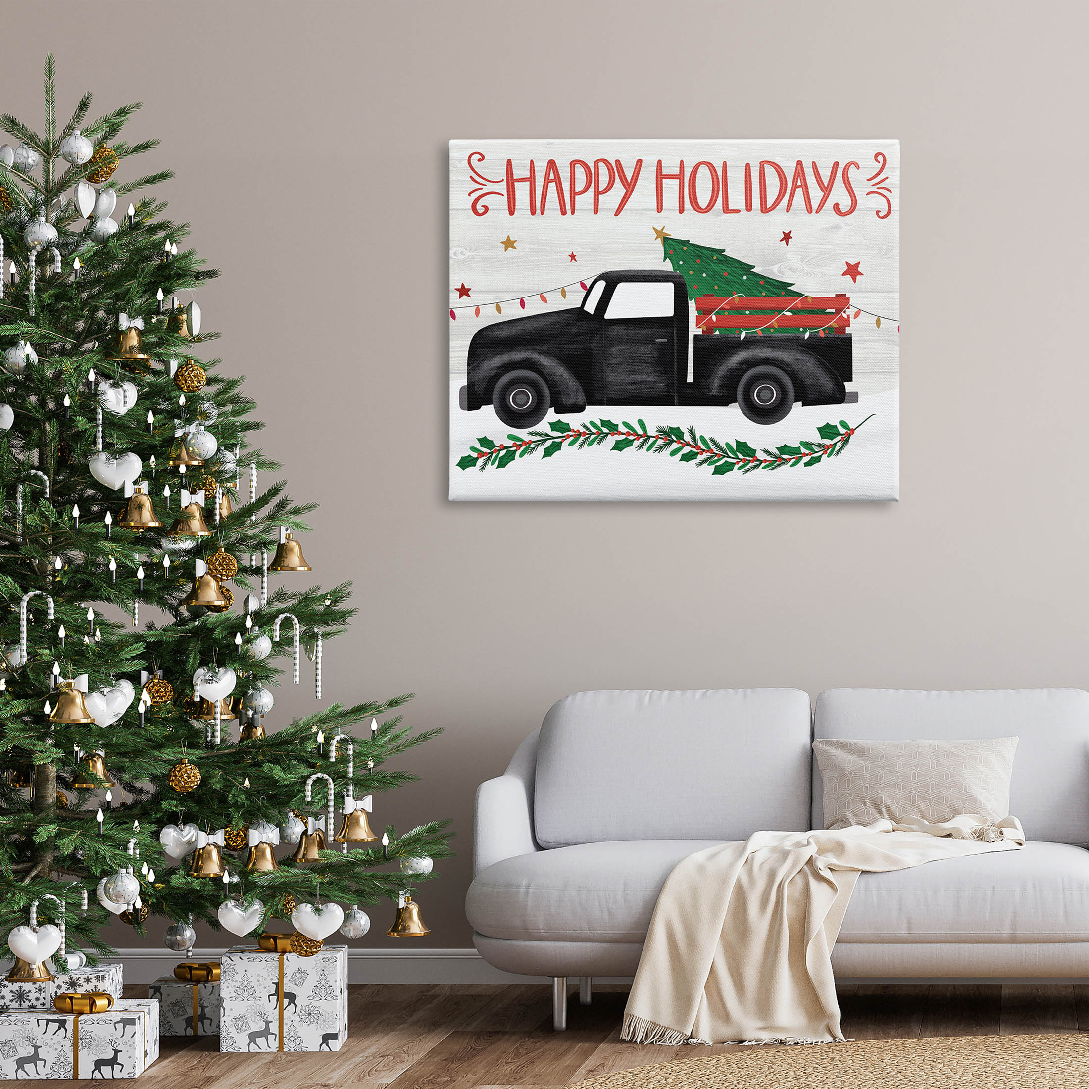 Happy Holidays Christmas Tree Truck Holiday Graphic Art Gallery Wrapped Canvas Print Wall Art