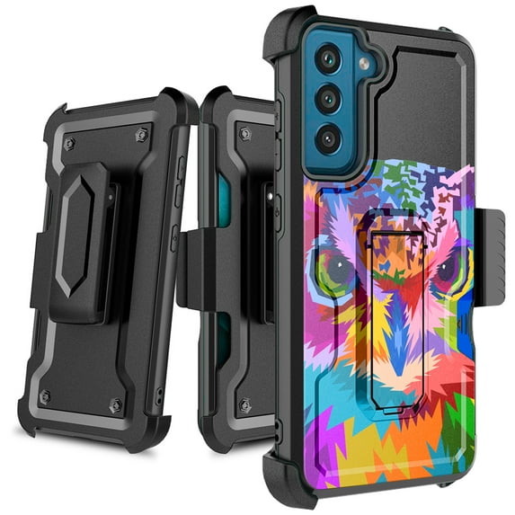 DALUX Card Holster Kickstand Hybrid Phone Case Cover Compatible with Samsung Galaxy S22 (2022) 6.1 inch - Colorful Owl