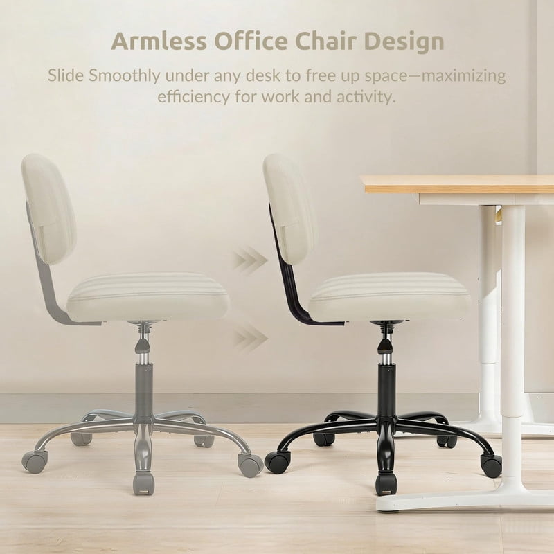 Kelno Armless Office Chair Height Adjustable Swivel Rolling Task Chair with Lumbar Support PU Leather Desk Chair, White