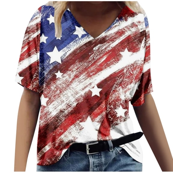 Odeerbi 4th of July Patriotic Shirt for Women Fashion Middle Sleeve V-Neck Print Casual Summer Tops Blue
