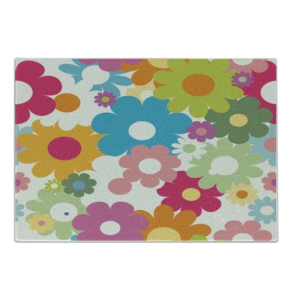 Floral Cutting Board, Rainbow Colored Vivid Image Sixties Inspired Blooming Nature Symmetrical Pattern, Decorative Tempered Glass Cutting and Serving Board, Small Size, Multicolor, by Ambesonne