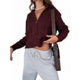 thumbnail image 3 of Women Trendy Collared Long Sleeve Zipper Front Cable Knit Cardigan Sweater Fall Oversized Coat Wine Red S, 3 of 7