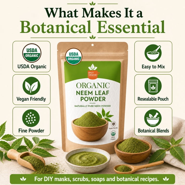 Spicy Organic USDA Organic Neem Powder for Skin, Teeth, and Hair