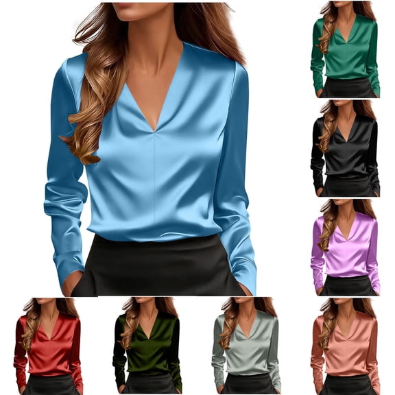 Asxite Womens Tops Solid Satin Basic V Neck Long Sleeve Relaxed Trendy Fall Casual Tees