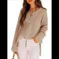 thumbnail image 1 of Suéteres de Gran Tamaño para Mujer, con Mangas Largas de Murciélago, Cuello en V Holgado, Botones, Estilo Henley, Jersey de Punto. Color Café M, 1 of 6
