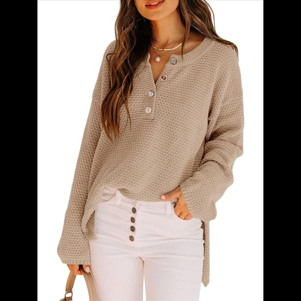 Suéteres de Gran Tamaño para Mujer, con Mangas Largas de Murciélago, Cuello en V Holgado, Botones, Estilo Henley, Jersey de Punto. Color Café L