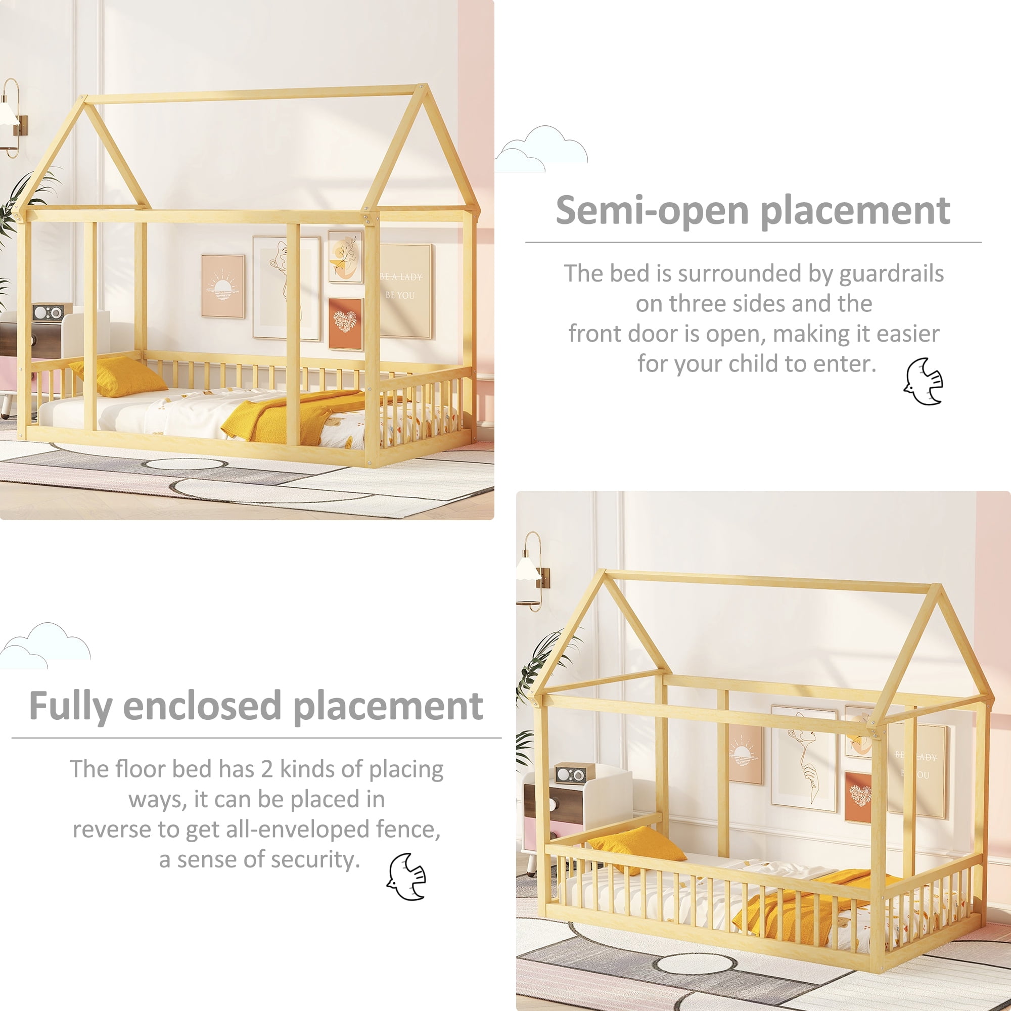 Bellemave Twin Size Wood House-Shaped Floor Bed with Fence, Guardrails, Montessori Floor Bed House Bed Frame with Roof (Twin, Natural)