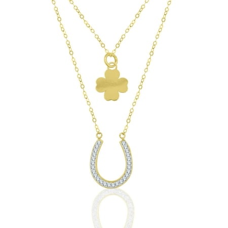 - Yellow Gold Plated Crystal Horseshoe and Four Leaf Clover Necklace Set