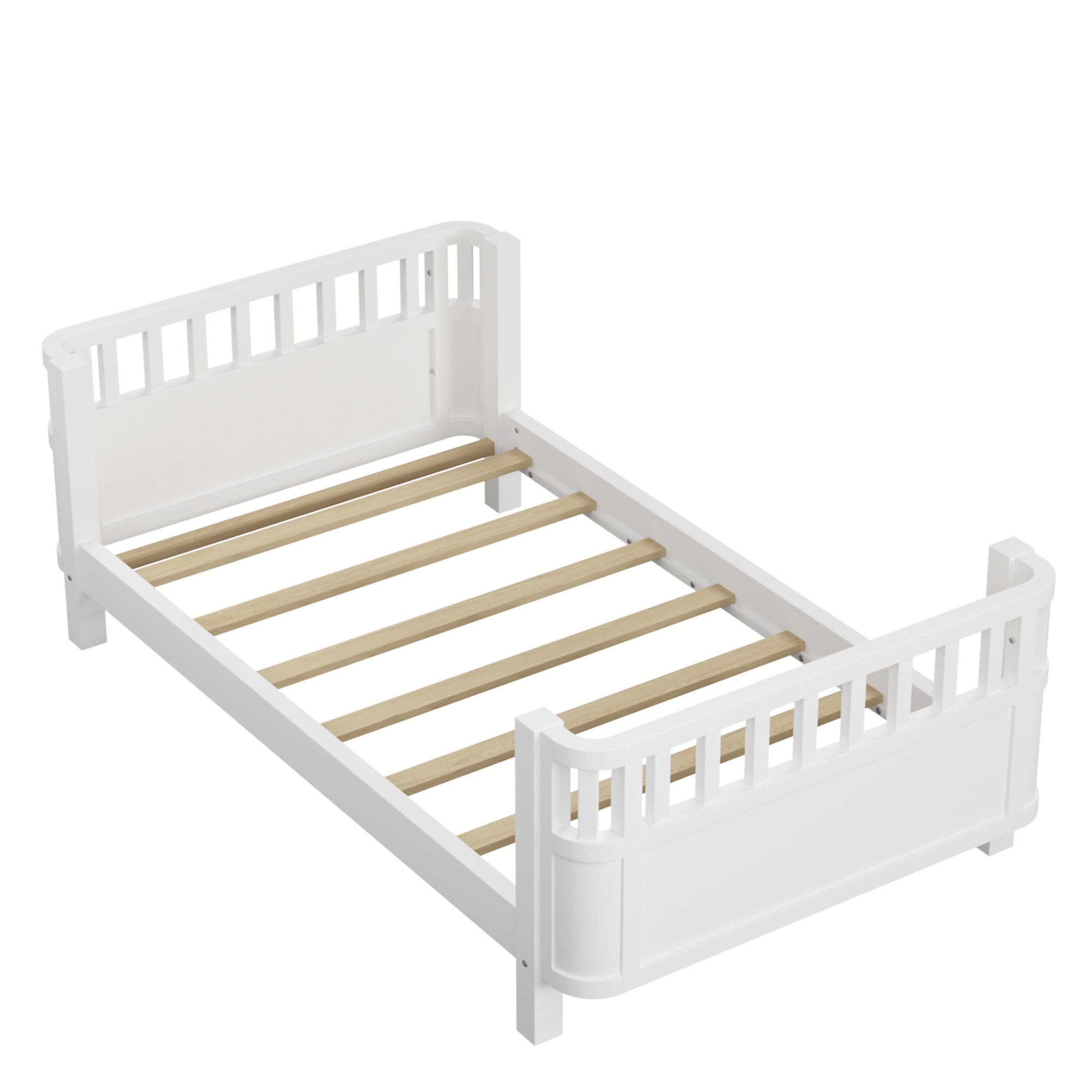 PORKISS Twin Size Bed with Fence for Kids, Solid Wood Twin Platform Bed Frame with Slats and Safety Guardrails for Girls Boys, Removable Guardrail, No Box Spring Needed, White #2