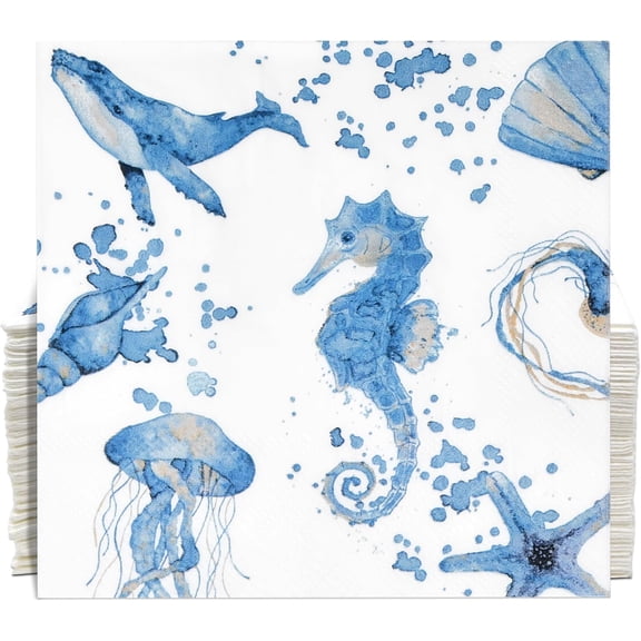 100 Pcs Under the Sea Cocktail Beverage Napkins Ocean Coastal Disposable Paper Dessert Napkin for Summer Spring Birthday Party Supplies