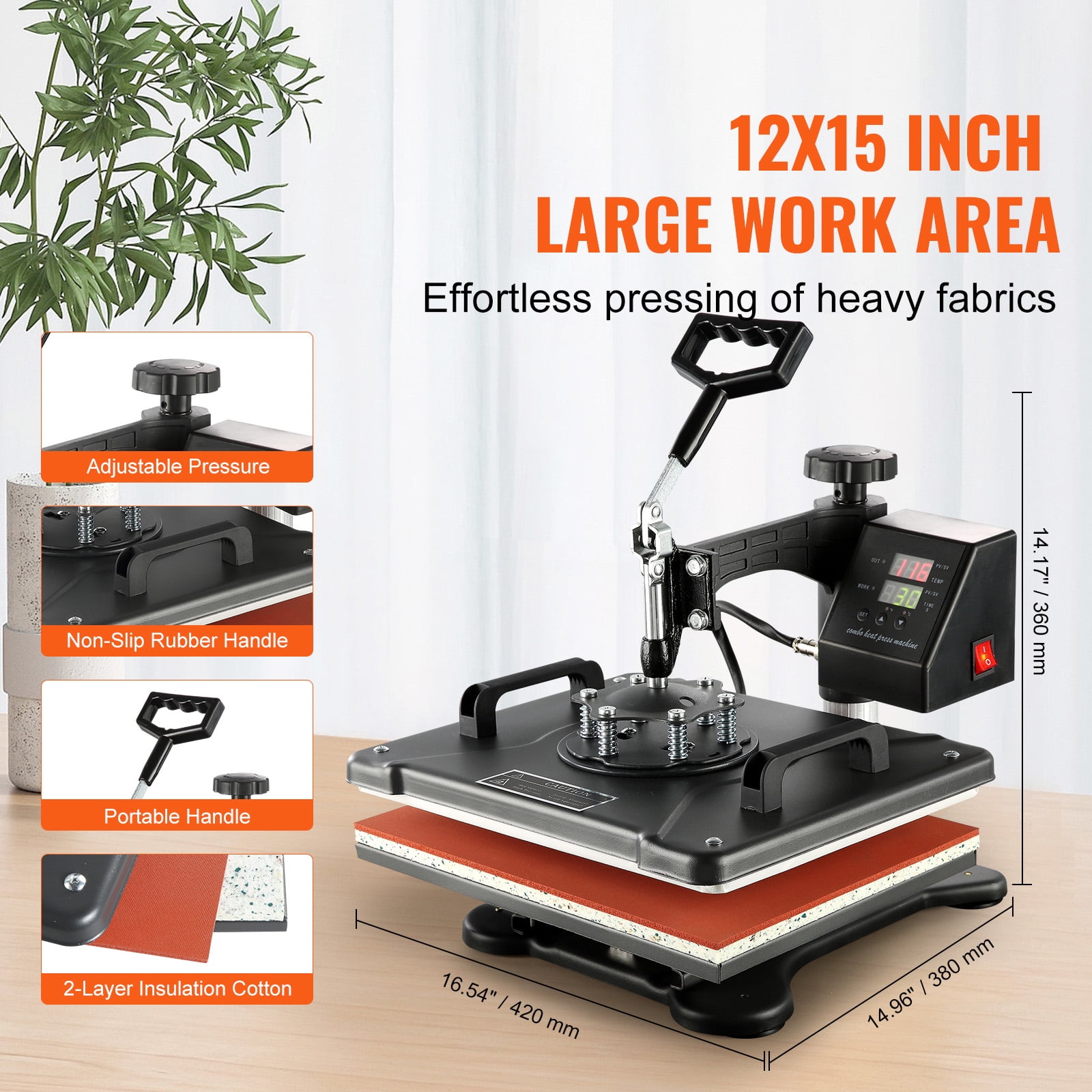 KFFKFF Thermal Transference Apparatus, 8-in-1 Electronic Versatile Heat Press 12x15 inch, Full Circle Swivel Capability for Printing on Shirts, Cups, Baseball Caps, Headwear, Dishes