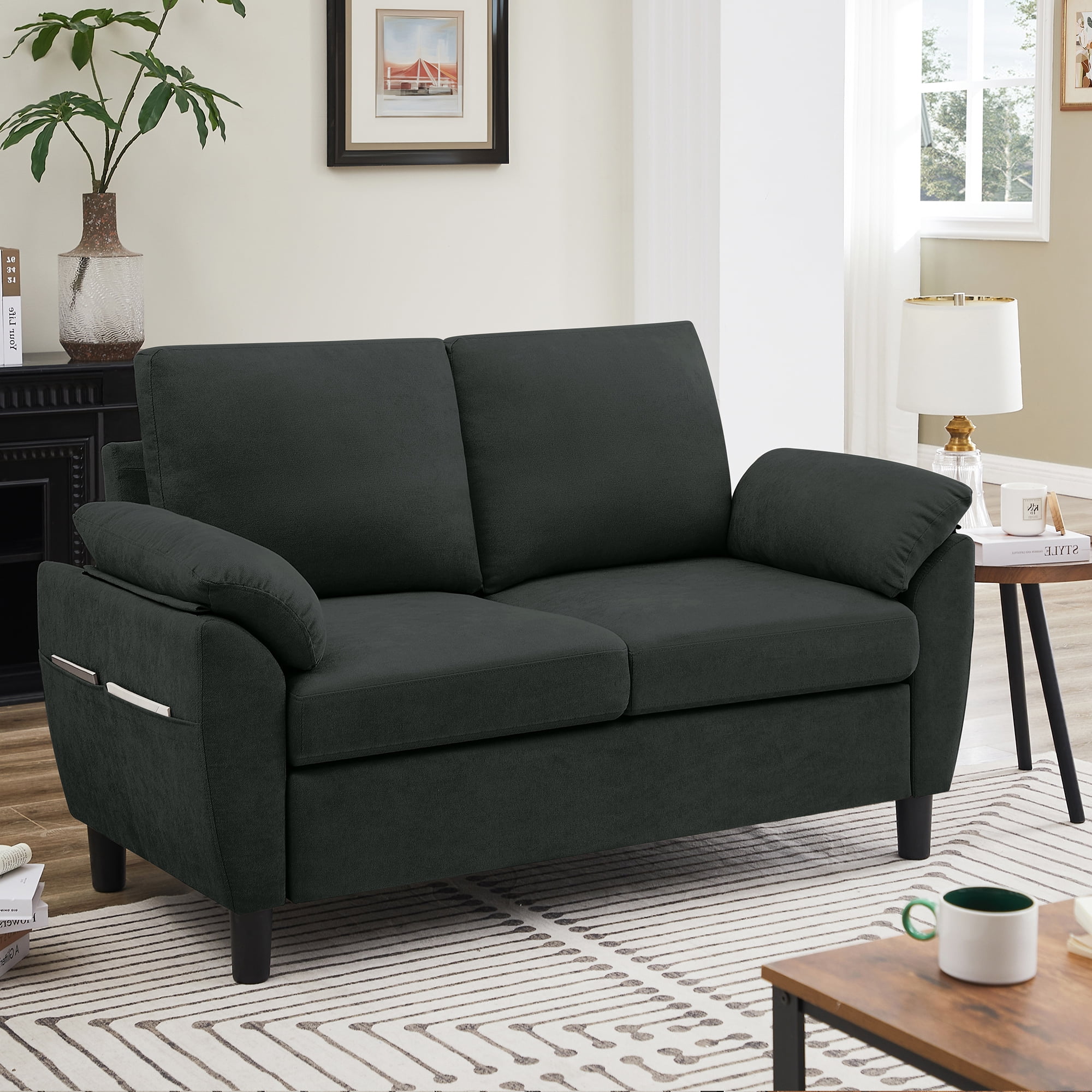 Soscana Loveseat with Storage Side Pockets, 2 Seat Sofa Love Seat Small Couch for Living Room Bedroom Apartment Office Studio,Black